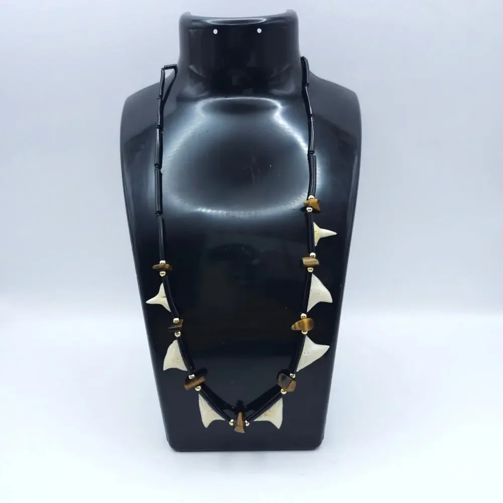 Vintage Shark Tooth Black Coral Tigers Eye Beaded Necklace 19